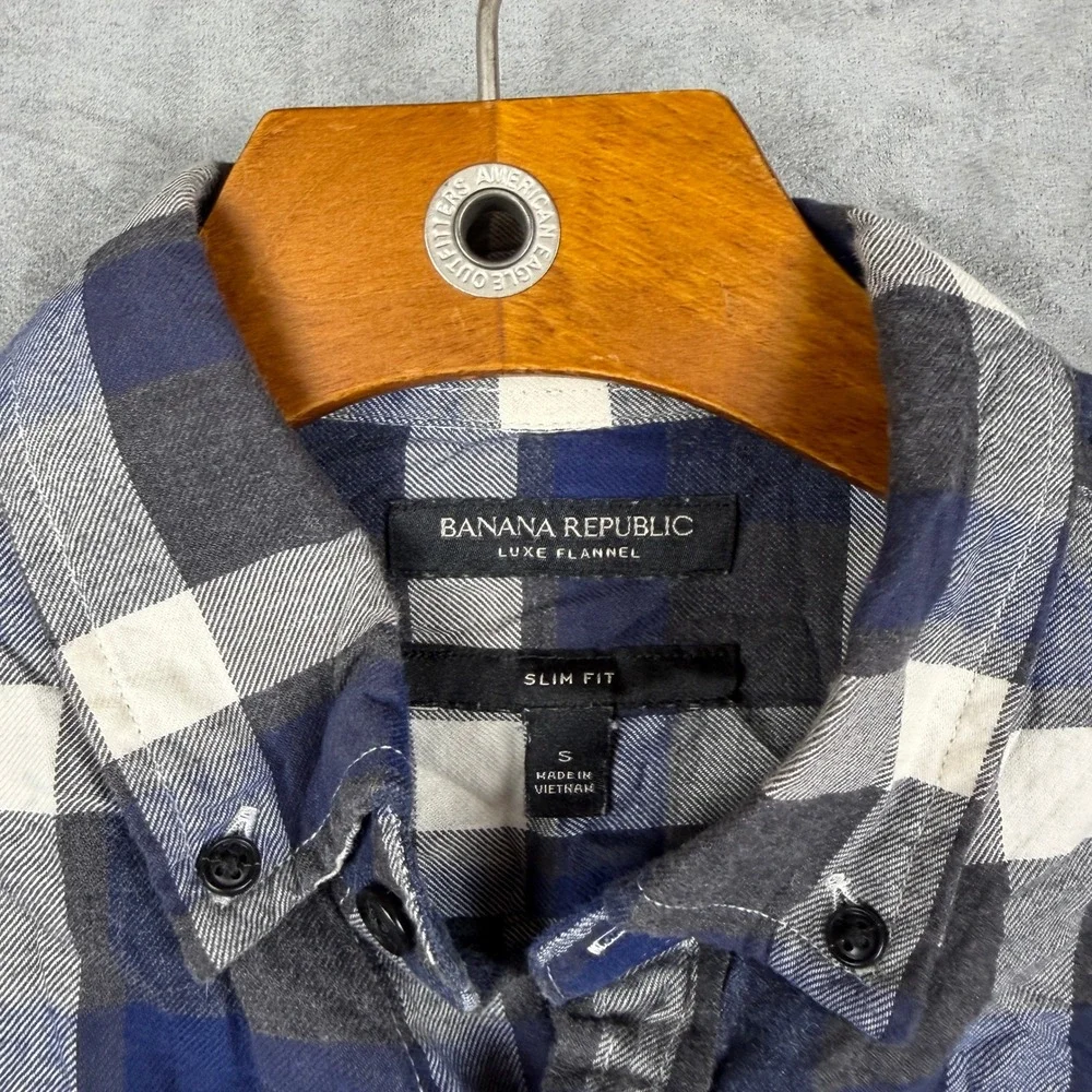 Banana Republic Luxe Flannel Shirt Mens Small Slim Fit Navy Blue Grey Plaid S